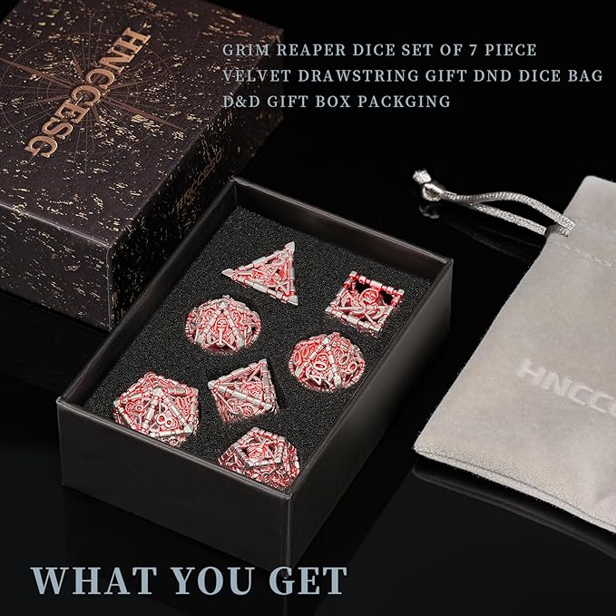 DND Dice Set,HNCCESG DND Hollow Polyhedral Dice Red White Grim Reaper Metal 7Pcs Dice Set with Gift Box for Dungeons and Dragon Tabletop Game for MTG RPG(Matt red White)