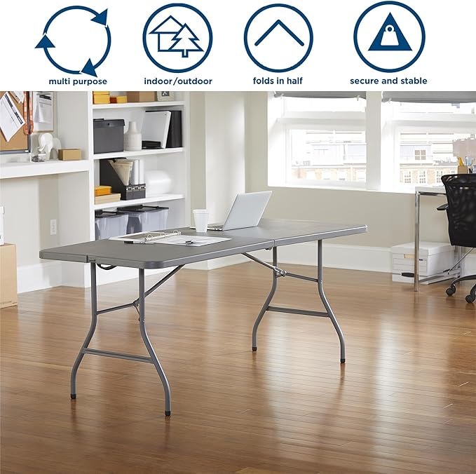 COSCO 6 ft Fold-in-Half Banquet Table w/Handle, 6ft, Grey