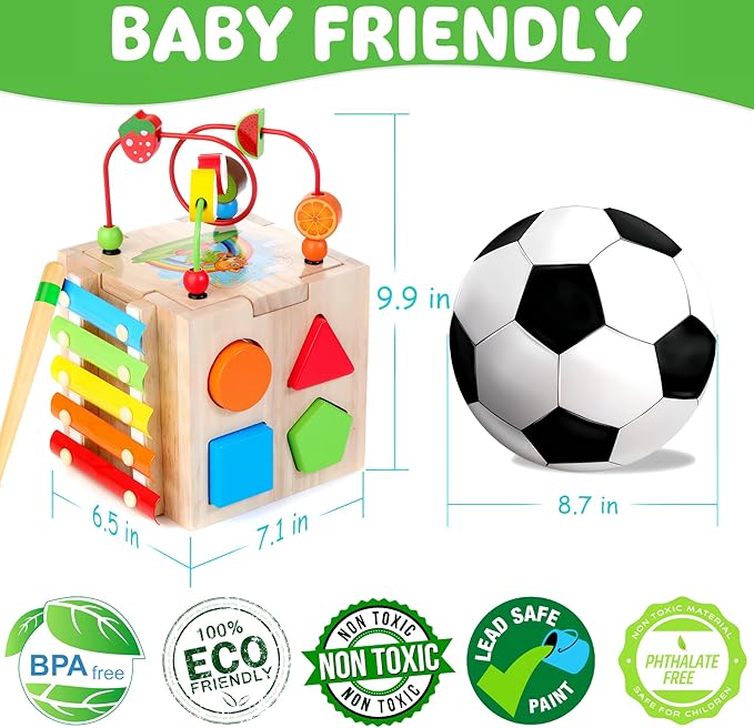 Batlofty Wooden Activity Cube, 8-in-1 Montessori Toys for 1+ Year Old Boys & Girls, Educational Learning Toys for Toddlers Age 1-2, 1st Birthday Gift with Word Cards | Bonus Sorting & Stacking Board