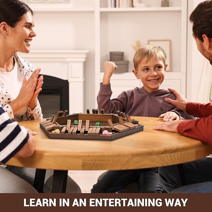 Ropoda 6-Way Shut The Box - Upgraded 1-6 Player Wooden Dice Game for Adults and Kids, Addition Training, Fun for Family Game Night - Vintage Style