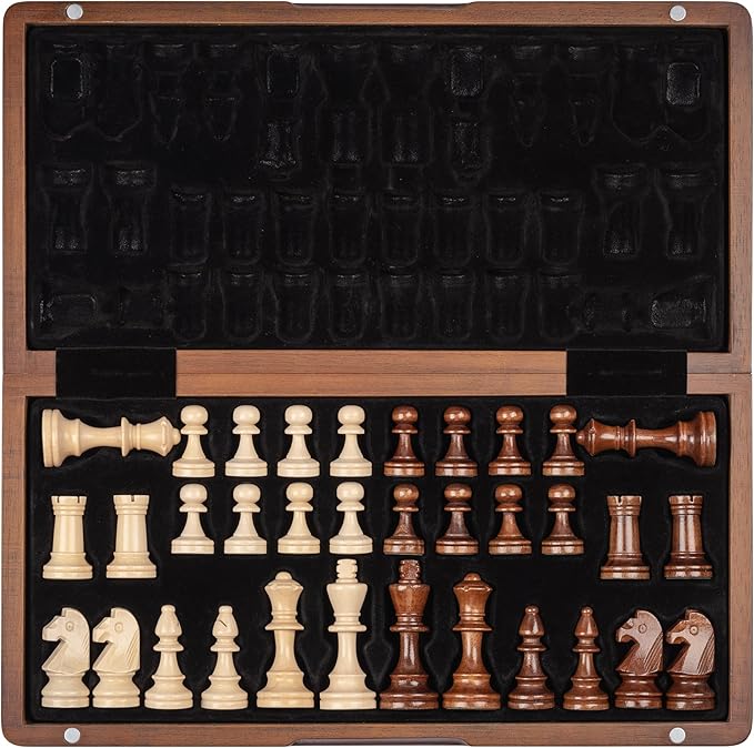 15 Inches Magnetic Wooden Chess Set, Portable Travel Chess with Magnetic Lock, Handmade 3 Inches King Height Knight Staunton Chess Pieces with 2 Extra Queen, Folding Chess Board for Adults