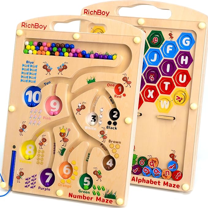 RichBoy Magnetic Maze for 3-5 Year Old, 2-in-1 Magnetic Color and Number Maze, Double-Sided Wooden Busy Board Fine Motor Skills Montessori Toys, Portable Travel Puzzle Game Toddlers Toys