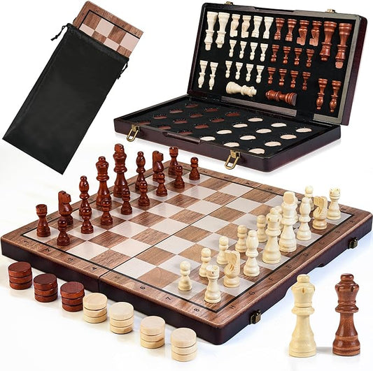 2 in 1 Magnetic Wooden Chess Set & Checkers Board Game, 15’’ Folding Chess Board with Pieces Storage Slots, 2 Extra Queens, Portable Travel Chess Set for Kids Adults Beginner Age 3+