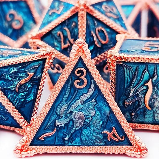 HAOMEJA DND Dice Metal Dragon Dice Set 7 Role Playing Dice D&D Solid Dice Dungeons and Dragons (Red Copper Blue)