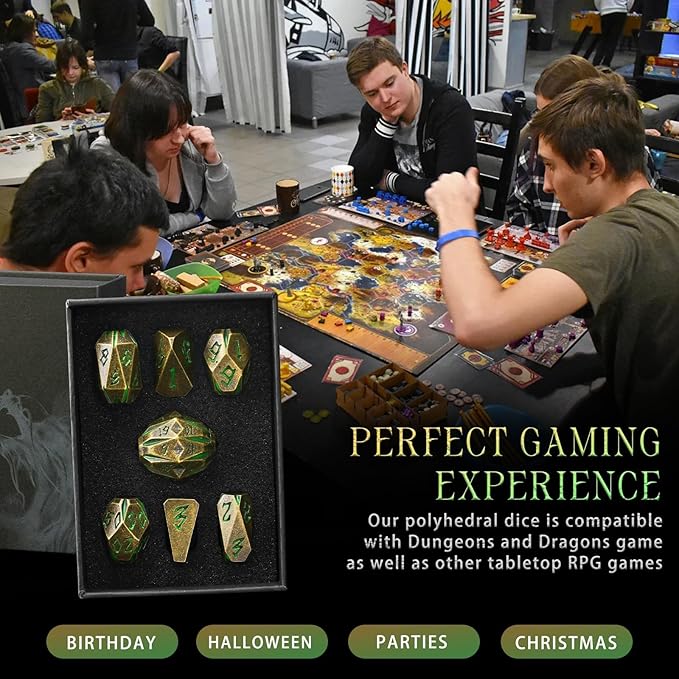 DND Metal Dice Set, ZHOORQI 7 Pcs Polyhedral Dice, Perfect for Dungeons and Dragons, RPG Role Playing Games - Unique Cool Dice with Stonehenge Themed Design for Game Gifts(Bronze Green)