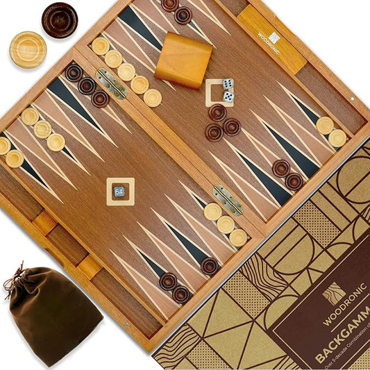 Woodronic 15" Wooden Backgammon Set, Folding Classic Board Game, Best Strategy Game and Smart Game of Tactics for Kids and Adults