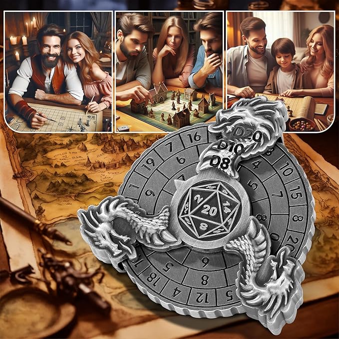 Spinner DND Dice, 7-in-1 Dragon Metallic D&D Dice, Dragon Roulette Dice Spinner for DND Dice Set, DND Gifts with Gift Box, Role Playing Board Game Accessories, DND Dice Set Gifts, Silver