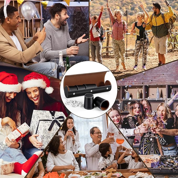 10x Dice Cup Set, PU Leather Dice Shaker Cups with 50 Dices for Bar Party Yahtzee Farkle Dice Games, Coffee (10, Black)