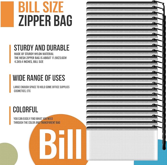 24pcs Mesh Zipper Pouch Bags 9.3 x 4.7 Inches, Black Small Clear Pouches Bulk, Travel Cosmetics Organization, Classroom and Office Supplies
