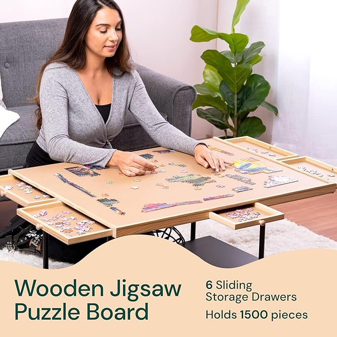 PlayVibe Puzzle Locker 1500 Piece Puzzle Board with Drawers and Cover - Jigsaw Solve Station - Sturdy Jigsaw Puzzles Table with 6 Drawers 27" x 35" - Portable Wooden Tray, Puzzles Accessories