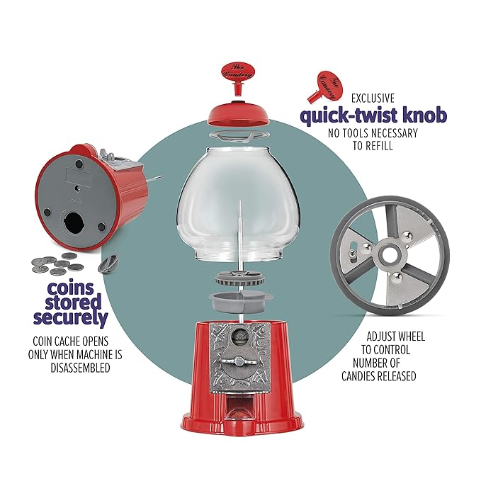 Gumball Machine - 12 Inch Candy Dispenser for 0.62 Inch Bubble Gum Ball and More - Vintage Heavy Duty Red Metal with Large Glass Ball- Easy Twist-Off Refill - Free or Coin Operated - by The Candery