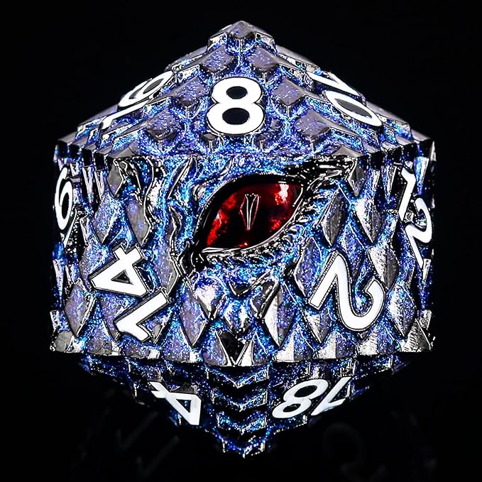 Metal D20 DND Dice Set - Dragon Scale Metallic 20 Sided Giant Polyhedral Dice,35mm Large Dragon Eye Metal D&D Dice Set for Dungeons and Dragon Tabletop Game(Blue Glitter Dragon Scale)