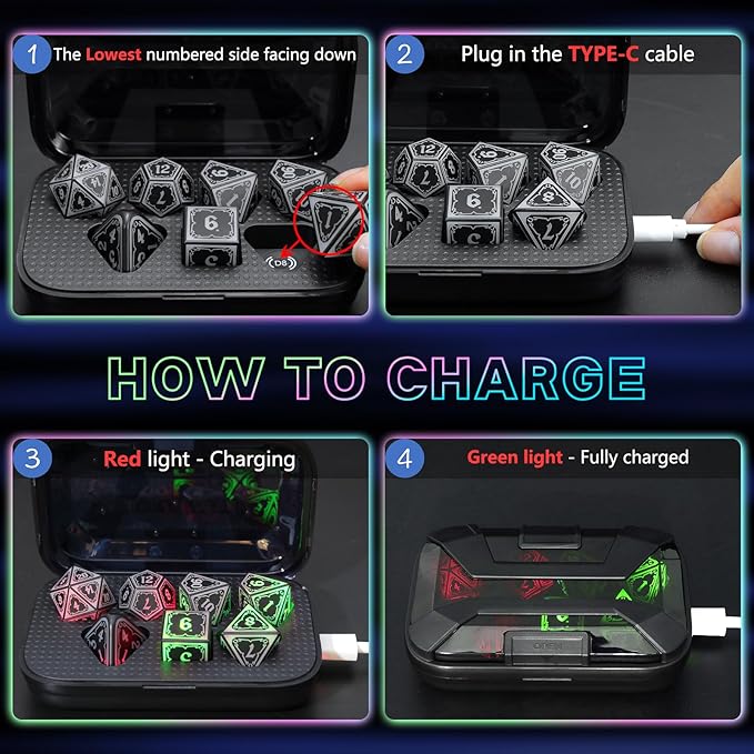 Wireless Light Up Dice Set D and D RGB for Dungeons and Dragons,Cool LED DND Dice with Charging Box Rechargeable 7 Color Polyhedral Role Playing Dice for DND Gifts RPG(Astral Shard Black)