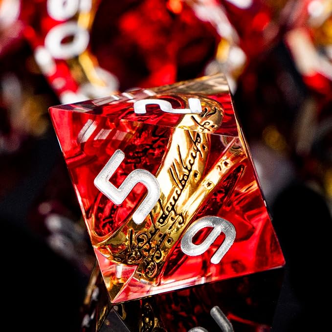 Magic Golden Ring DND Dice Set Sharp Edge Red Resin Dice with Box, for Use with D&D RPG Role Playing Games, Lord D and D Polyhedral Dice Set