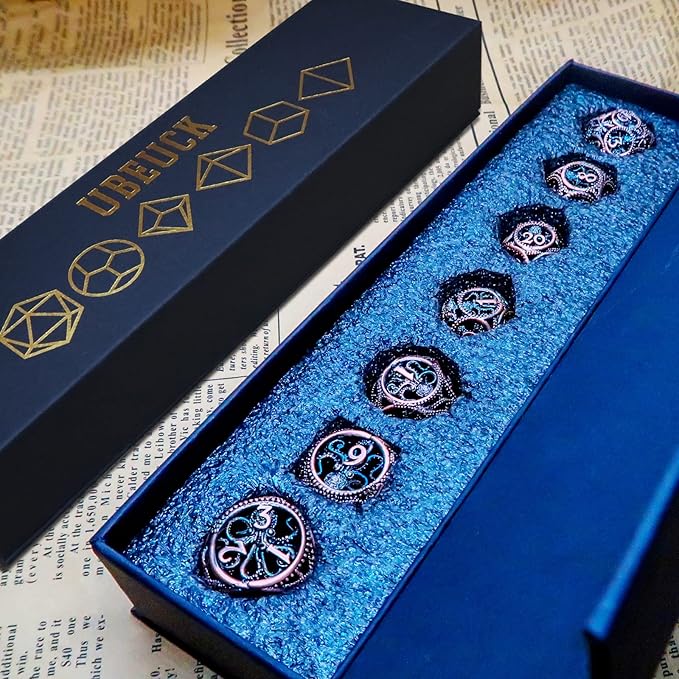 DND Dice,Hollow D&D Metal Dice,Unique Round Ball Design Octopus Dice with Gift Box for Dungeons & Dragon Gaming,7 PCs Steampunk Polyhedral D and D Dic(Ball Octopus red Copper)