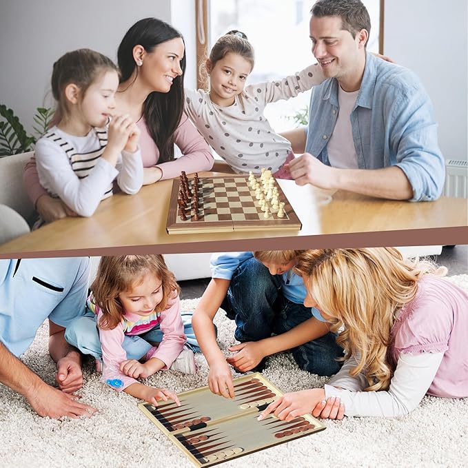 15.7 Inch Backgammon Sets, 3 in 1 Premium Wooden Game Sets,Including Checkers, Chess, and Backgammon for Adults and Kids