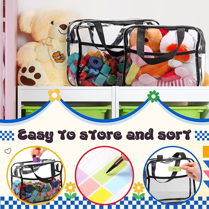 6 Pack Clear Toy Storage Bags with Zipper and Tags Reusable Waterproof Transparent PVC Toy Organizer Cases with Portable Handle for Building Blocks Puzzles Books(3 Large, 3 Medium)