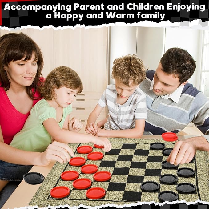 Giant Checkers Game Set - 3-in-1 Reversible Carpet for Kids & Adults - Oversized Indoor/Outdoor Mat for Family Fun & Parties