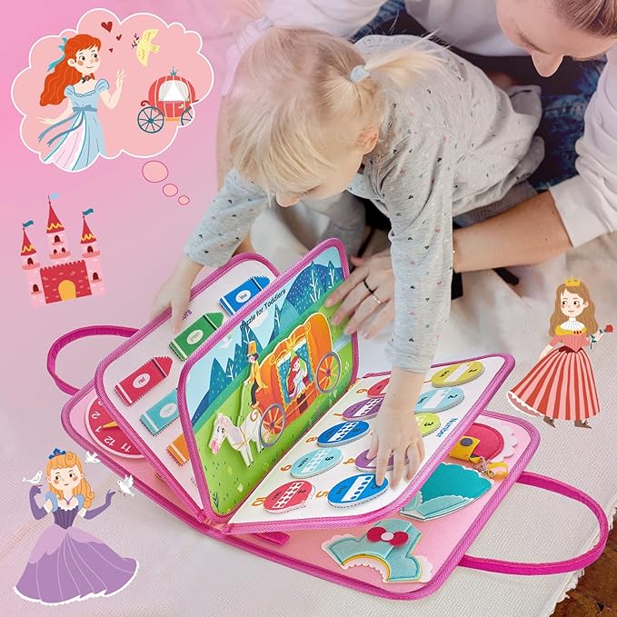 Freebear Busy Board Toddler Travel Toys Quiet Book Sensory Board for Toddlers 1 2 3 4, Montessori Educational Toys for 3 4 Year Old Girls Boys Gift, Princess