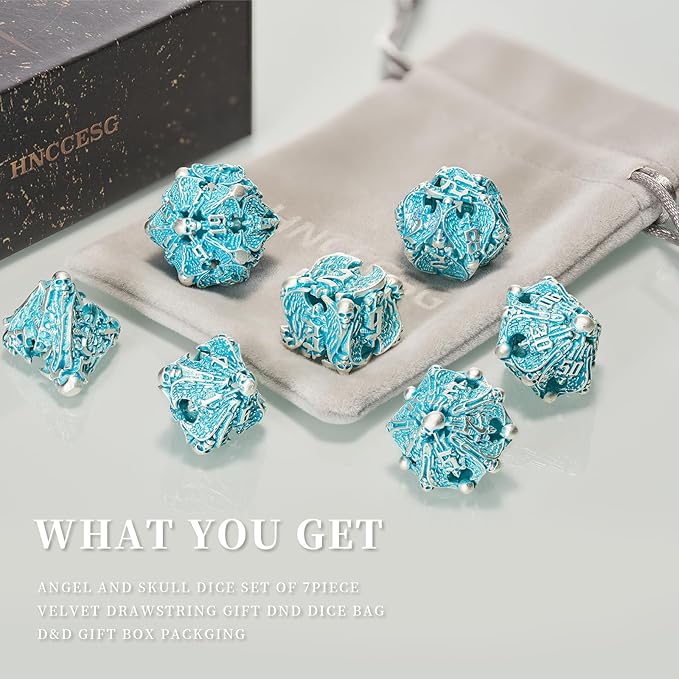 DND Metal Dice Set - Matte Blue White 7 PCS Skull Hollow for Dungeons and Dragons, MTG RPG Role Playing (D&D)