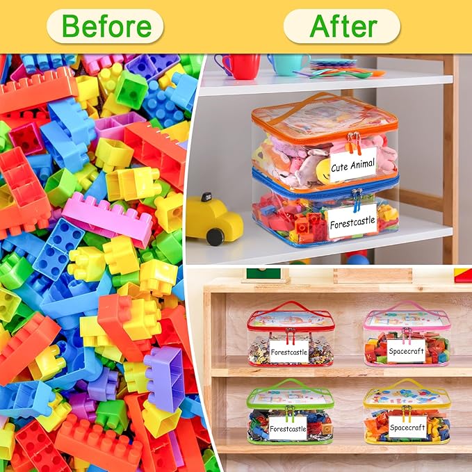 Upgraded 6 Pack Clear Toy Storage Bag - with Name Tag Manual Pocket, Transparent PVC Toy Organizer Case with Zipper for Board Game, Building Block, Puzzle, Large Capacity for Kids Ages 6+ (Colorful)