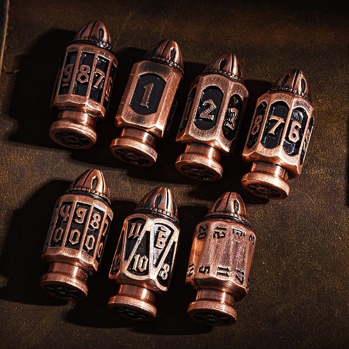 UDIXI Metal DND Bullet Dice Set with Metal Container, 7-Die Polyhedral Dice Set Cyberpunk Style for D&D, Role Playing Game or Other Tabletop Games(Ancient Copper)