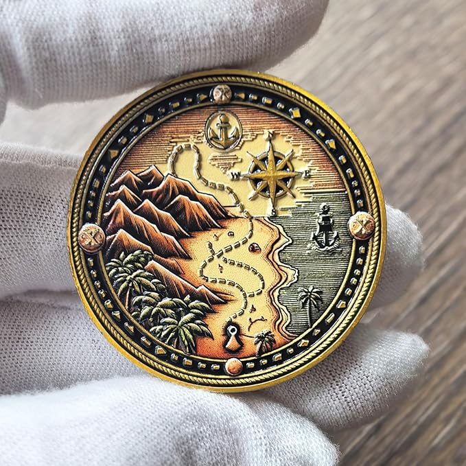 Pirate Challenge Coin – Adventure-Themed Zinc Alloy Coin with Treasure Map Design – 1.57 Inch Collectible Coin with Skull and Cross Swords   