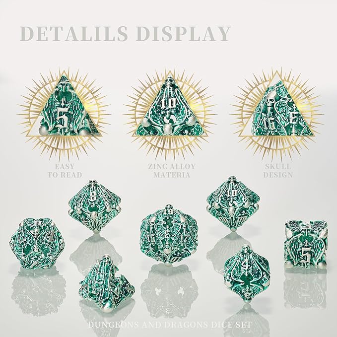 DND Dice,HNCCESG Hollow Metal Set 7 Pcs for Dungeons and Dragon,D and D GIFS of Tabletop Game (Matte Green White Skull)