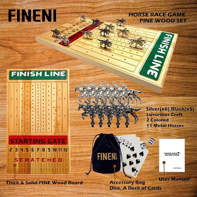 Horse Racing Game for Adults, Horse Race Board Game with 11 Luxurious Metal Horses (Silver, Black), 22” Pine Wood Horse Race Game Board, Dice & Card Included (Log Color2)