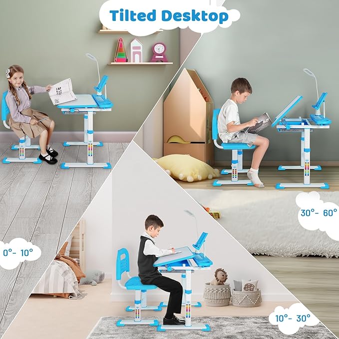 Adjustable Student Desk and Chair Set, 3-15 Kids School Desk with Drawing Tilt Desktop/LED Light/Cup Holder/Bookstand/Storage Drawer, Study Desk for Boys & Girls,Blue