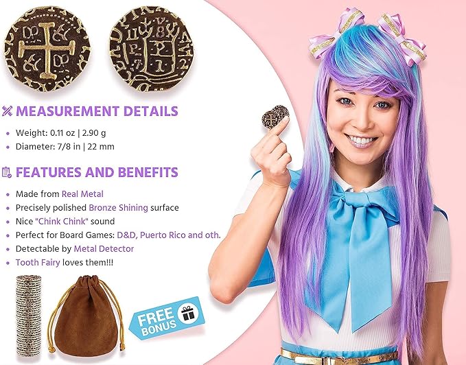 Metal Pirate Coins - 100 Medium Bronze Treasure Coin Set, Metal Replica Spanish Doubloons for Board Games, Tokens, Toys, Cosplay, Realistic Money Imitation, Pirate Treasure Chest, Diameter 7/8"