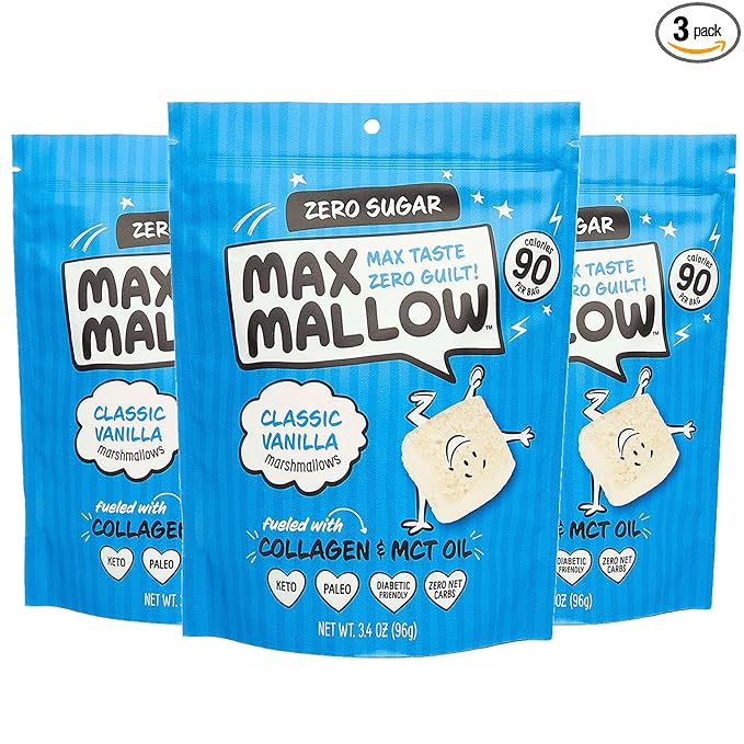 Max Mallow Sugar Free Marshmallows - Keto Friendly, Perfect for S'mores, Hot Chocolate, and Baking with Zero Sugar Snacks, Smores Mct Oil Zero Sugar Marshmellow Marshmallow Classic Vanilla, 3 Pack