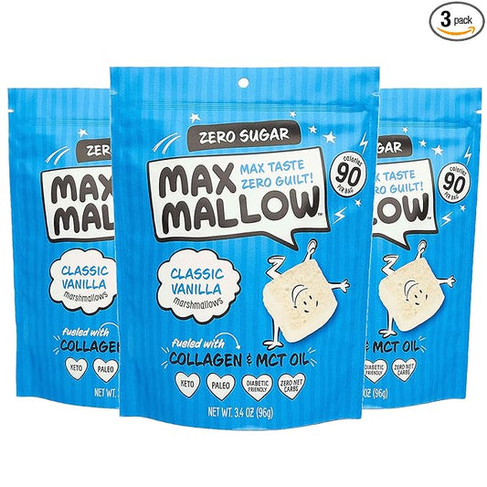 Max Mallow Sugar Free Marshmallows - Keto Friendly, Perfect for S'mores, Hot Chocolate, and Baking with Zero Sugar Snacks, Smores Mct Oil Zero Sugar Marshmellow Marshmallow Classic Vanilla, 3 Pack