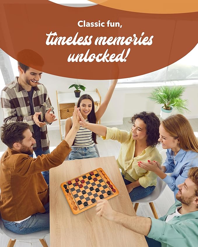 WE Games Solid Wood Checkers Board Game – 14.5-Inch Vintage Checkers Set with Inset Grooves & 24 Red & Black Board Game Pieces – Fun Family Table Game