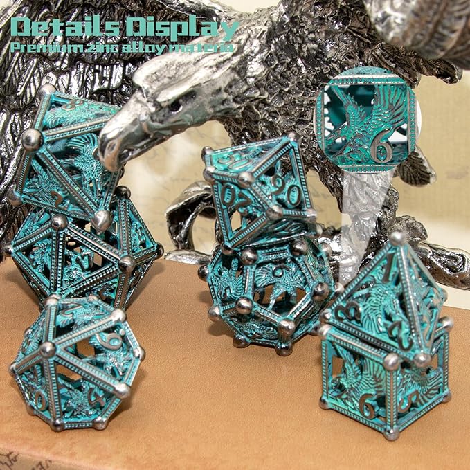 DND Dice HNCCESG Dice Set Eagle Design of 7PC,Metal Dice Hollow D&D Dice for Dungeons and Dragons, D D Gift for RPG Role Playing(Blue)