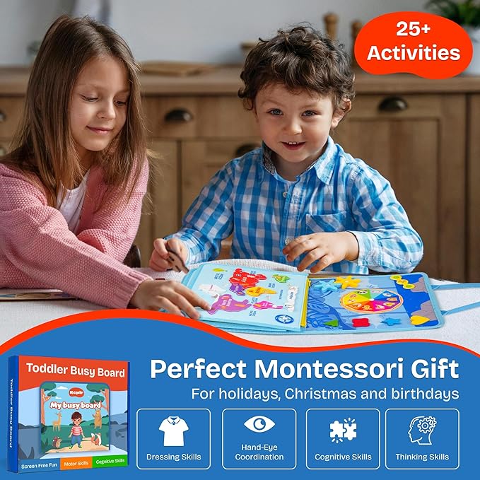 Montessori Toddler Toy Busy Board, Interactive Baby Books and Toddler Busy Book, Travel-Friendly Sensory Activity Book Enhancing Fine Motor Skills