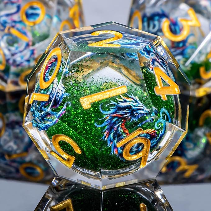 Dragon Pattern Liquid Core DND Dice Set, 7Pcs Sharp Edge D&D Dice with Gift Box, Green Resin Dungeons Dragons D and D Role Playing Dice D20 D12 D10 D8 D6 D4