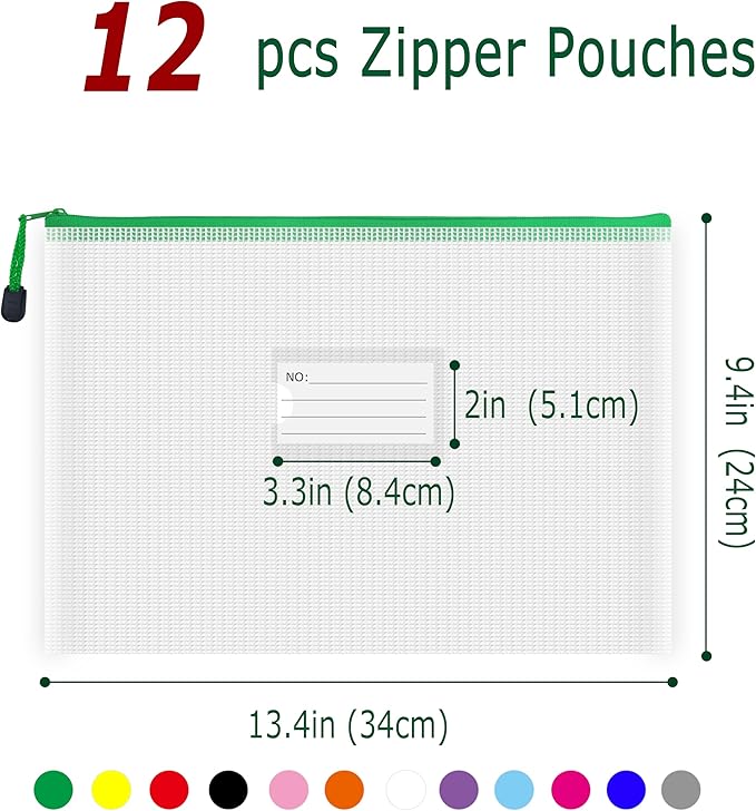 AUSTARK Plastic Mesh Zipper Pouch, 12 Pcs Zipper File Bags with Label Pocket, Game Boards Storage Bags, Waterproof Document Storage Bags for Office Home Travel Cosmetic (A4 Size 13.4 x 9.4 in)