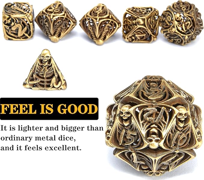 Metal Skull Dice Set Hollow Multi-Sided Dungeons & Dragons Dice 7CPS Role-Playing Dice Set with Flannel Bag Suitable for D&D Board Game Cards(Ancient Bronze)
