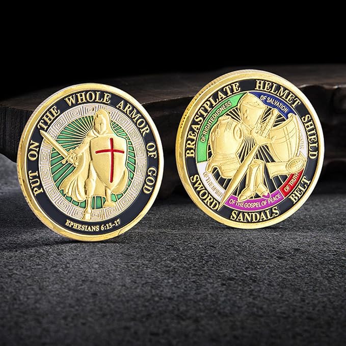 Armor of God Coin Challenge Coin Round Commemorative Coins Put on The Whole Armor of God Souvenir Prayer Metal Christian Coin for Military Church Party Collectors (Edition A - 3 Pcs)