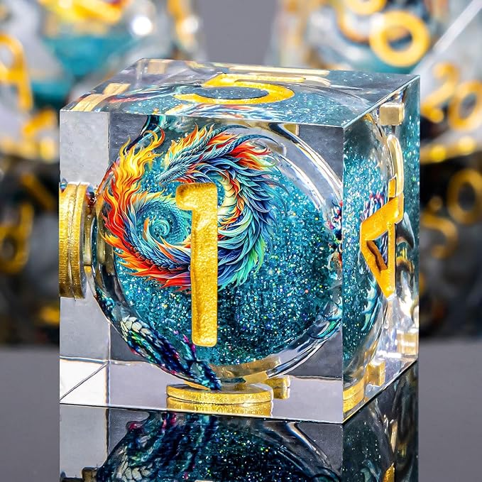 Dragon Pattern Liquid Core DND Dice Set, 7Pcs Sharp Edge Dice with Gift Box, Resin Blue Dungeons Dragons D and D Role Playing Dice D20 D12 D10 D8 D6 D4