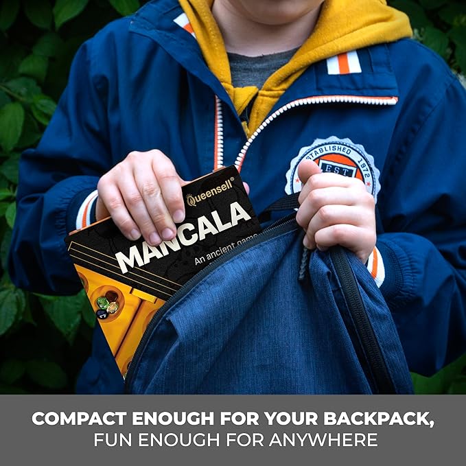 Mancala Board Game with Magnetic Lock – Classic 2-Player Folding Game – Wooden Mancala Set with 56 Glass Pebbles – Mancala Game for Kids and Adults