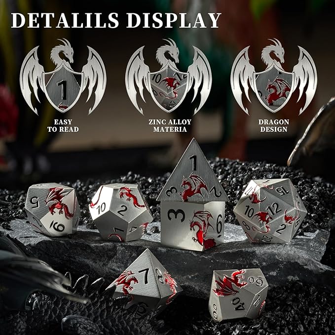 Metal Dice Set D&D, HNCCESG Polyhedral Dice 7 Piece Dice Dragon Metallic DND Dice Set for Dungeons and Dragon RPG Tabletop Game(Matte Silver Red Dragon)