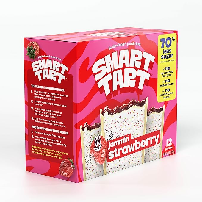 Smart Tart Toaster Pastries - No Artificial Colors or Flavors, 70% Less Sugar, Healthy Kids Snacks, Frosted Strawberry, 36 Count