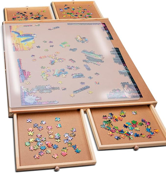 PlayVibe Puzzle Locker 1000 Piece Puzzle Board with Drawers and Cover - Solve Station - Sturdy Puzzles Table with 4 Drawers 22 1/4” x 30" - Jigsaw Portable Wooden Puzzles Tray Accessories