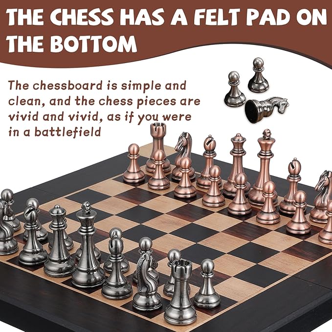 15-Inch Large Metal Chess Set for Adults and Kids with Metal Chess Pieces – Foldable Wooden Board with Storage, Portable Classic Game Set for Travel & Home, Elegant Gift for Chess Enthusiasts