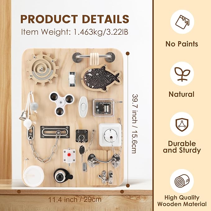 Wooden Montessori Busy Board for 1 2 3 4 Year Old, Montessori Sensory Activity Board Toys for Kids Toddler Baby Boys Girls, for Autism & ADHD Motor Skills