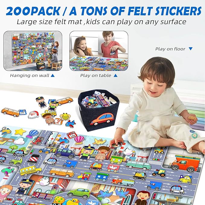 200 PCS Felt Board Story Set for Toddlers with Storage Bag City Traffic Themed Flannel Sensory Board Wall Interactive Storytelling Teaching Play Activity Kits 40x28 inch(Lightgrey)