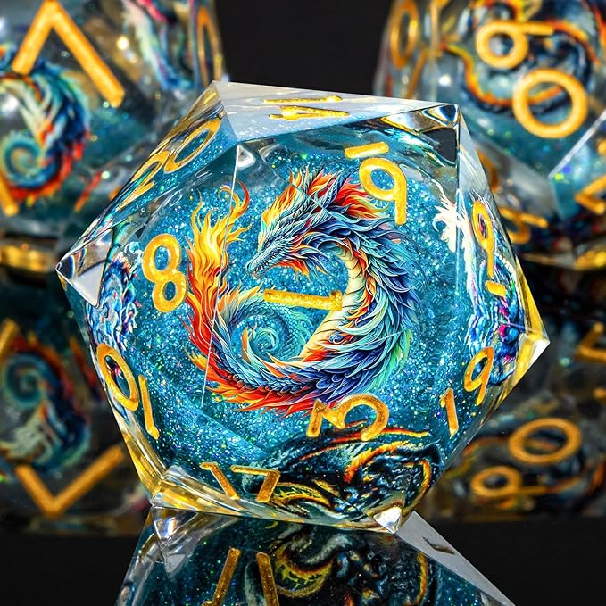 OUKELANWO Liquid Core Dragons Stickers DND Dice Set D&D, 7Pcs Dungeons D and D Role Playing Dice with Gift Box, Resin Sharp Edge Dice D20 D12 D10 D8 D6 D4, Blue Gold