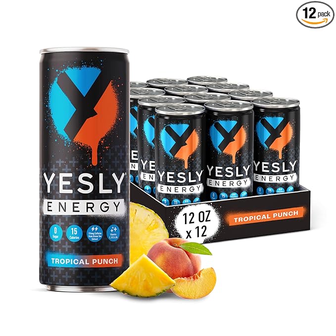 Yesly Energy Drink, Tropical Punch, Naturally Flavored Sparkling Energy Drink With Electrolytes, Magnesium, Potassium, Vitamin C, B6 & B12, Natural Caffeine From Green Tea, 12 Fl Oz Cans, 12 Pack
